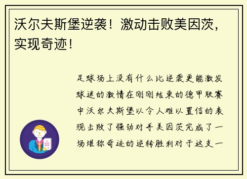 沃尔夫斯堡逆袭！激动击败美因茨，实现奇迹！