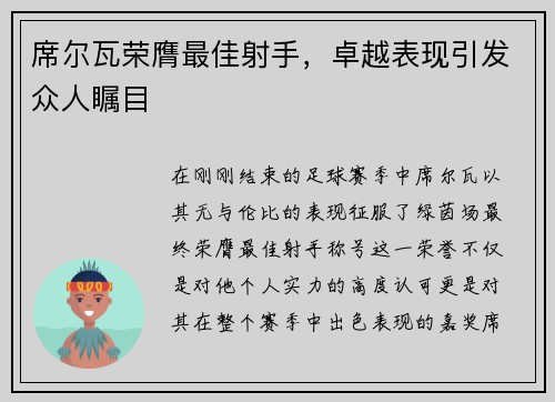 席尔瓦荣膺最佳射手，卓越表现引发众人瞩目